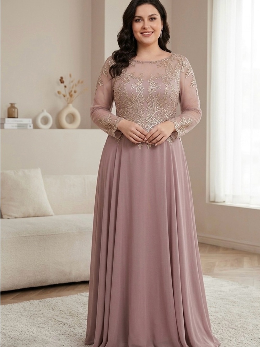 Mauve Embroidered Long Sleeve Evening Dress